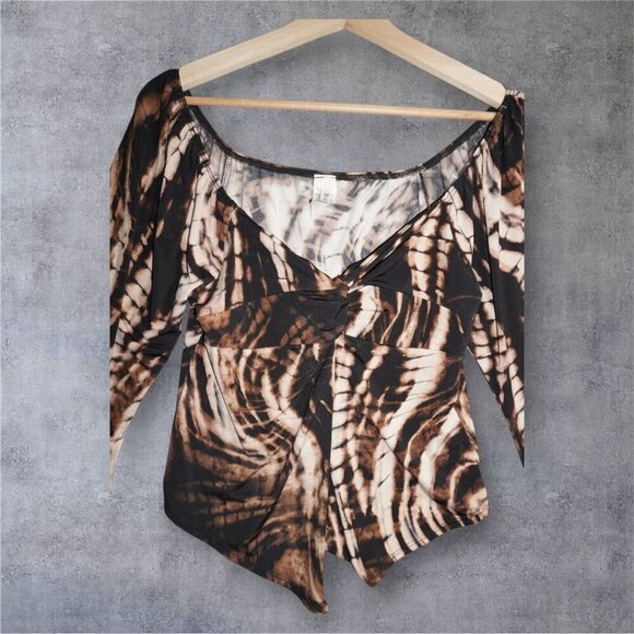 Bluebell Brown Swirl Print Mesh Top – Size 1X – Y2K Inspired Bell Sleeve Knot - Picture 4 of 14